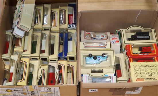 Two boxes of model cars and vans by Lledo